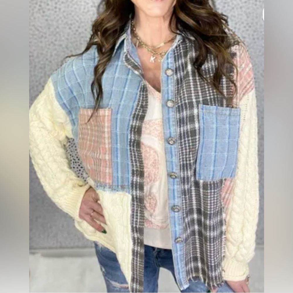 NWT POL Oversized Mixed-Media Patchwork Knit Deni… - image 2